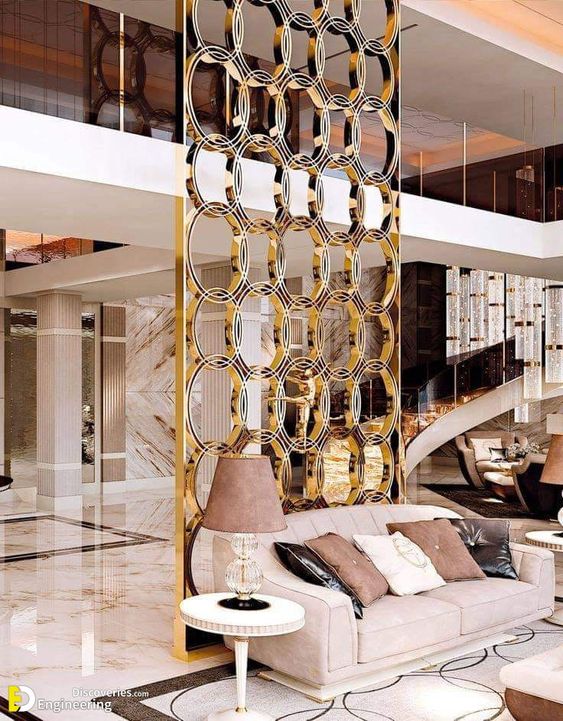 طراحی پارتیشن مدرن طلایی برای اتاق نشیمن و سالن غذاخوری