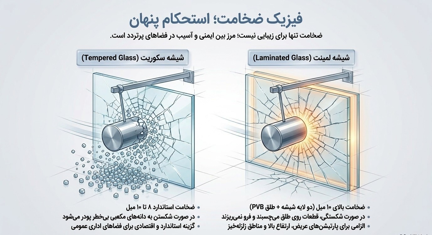 ضخامت و استحکام شیشه سکوریت در پارتیشن اداری