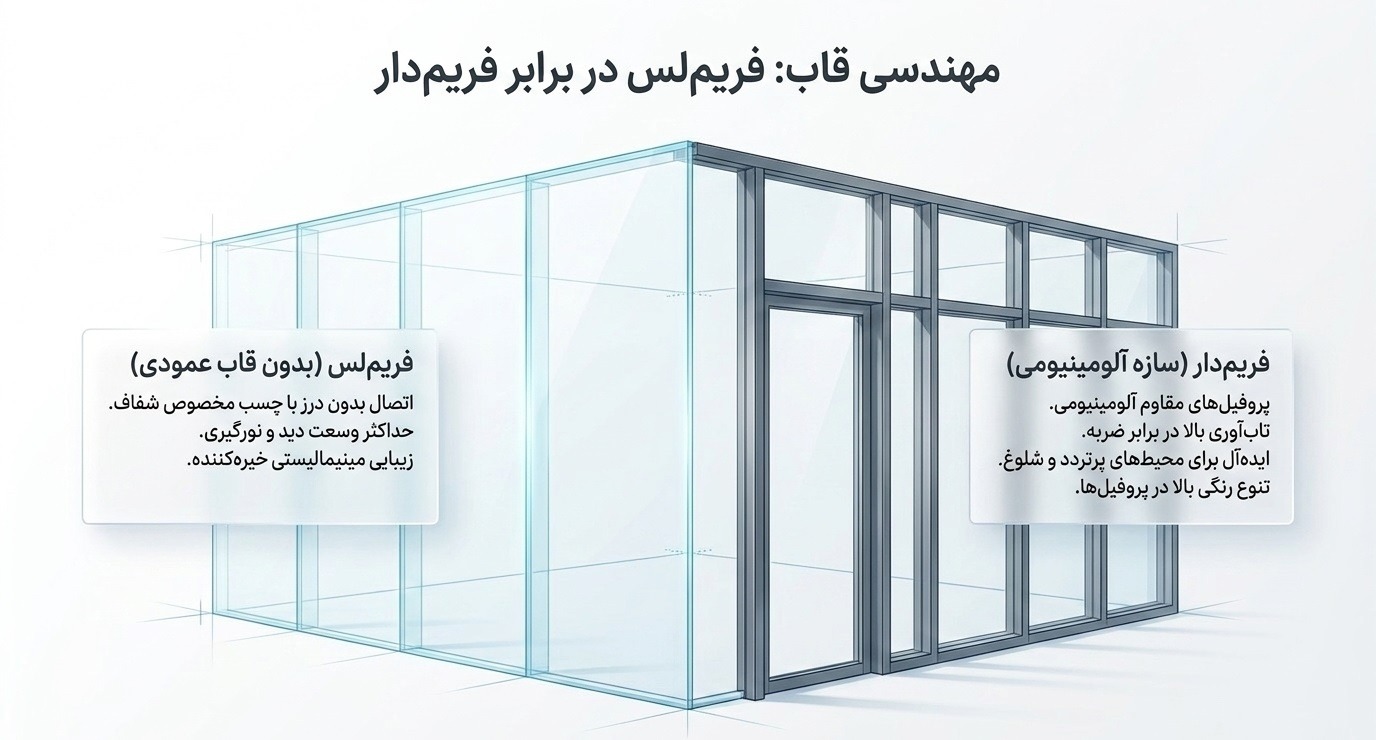 مقایسه پارتیشن شیشه ای فریم دار و فریم لس