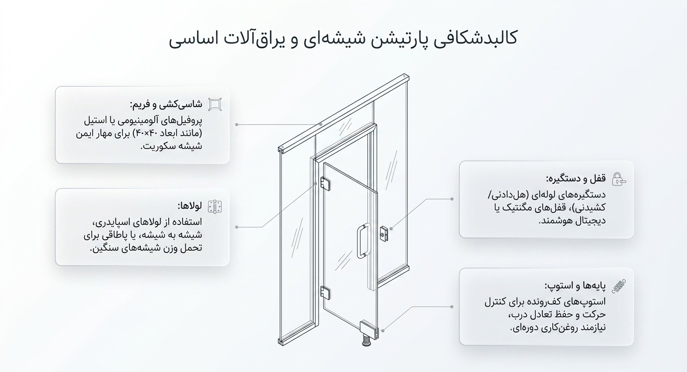کالبد شکافی پارتیشن شیشه ای و یراق آلات اساسی ایمن جام فرد